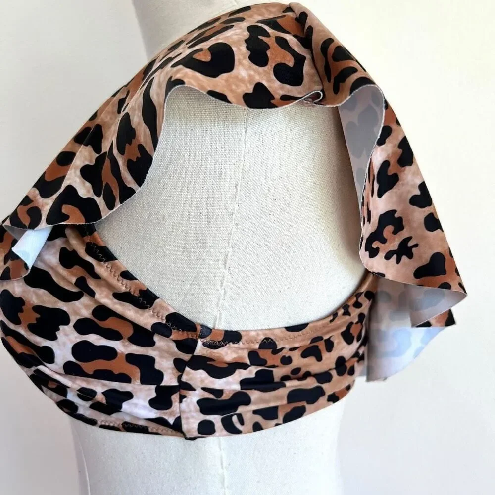 Cheetah Leopard Print One Shoulder Ruffled Bikini Swimsuit Top Size M